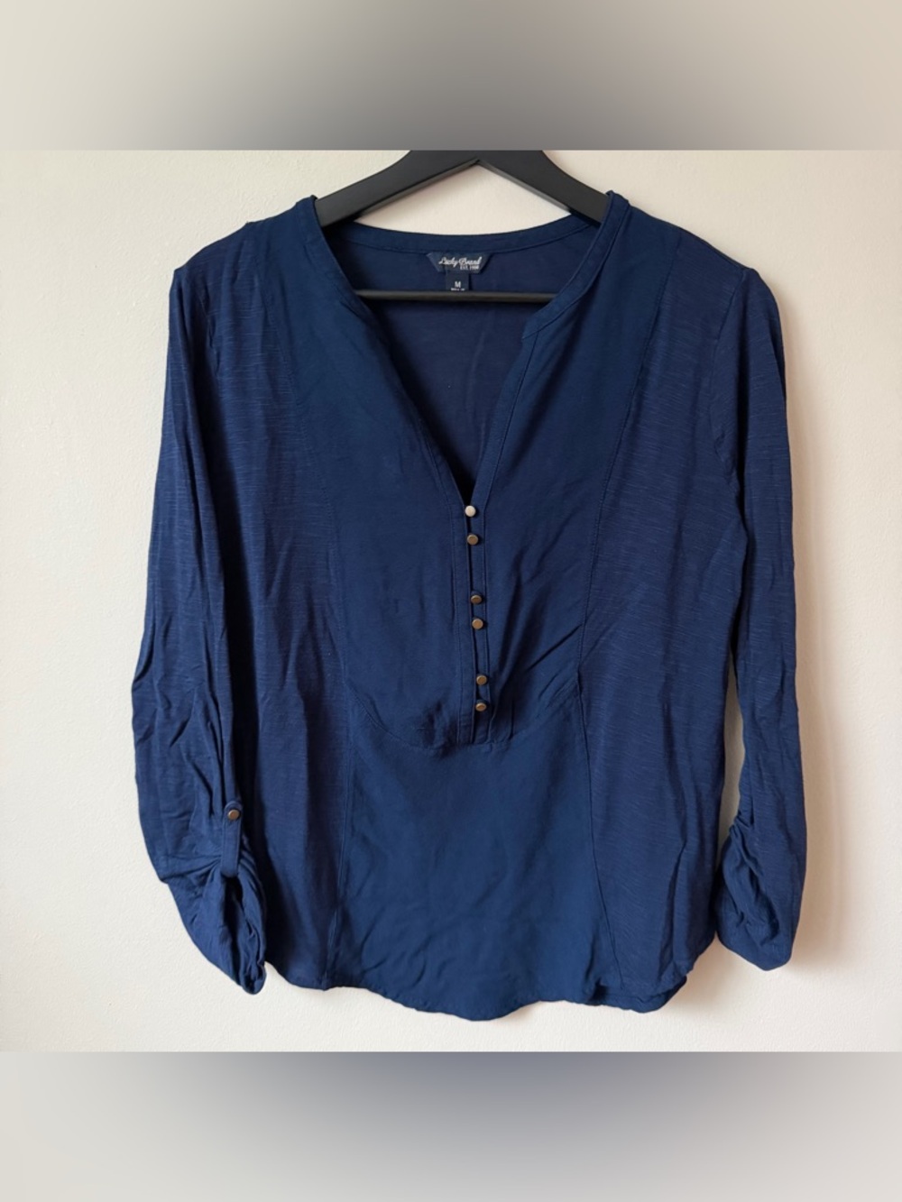 Lucky Brand Navy Blue Pintuck Roll-Tab Blouse V Neck
